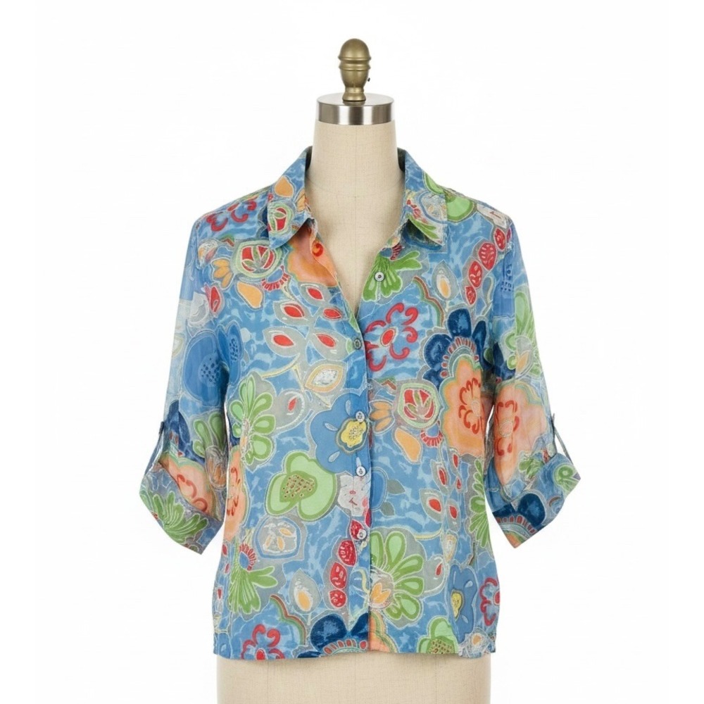 Choices Floral Button Up Blouse Sheer Rayon Linen‎ Blue Multi Size M